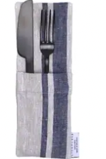 Linen Flatware Holder - Stonewashed - Grey with Blue Stripes