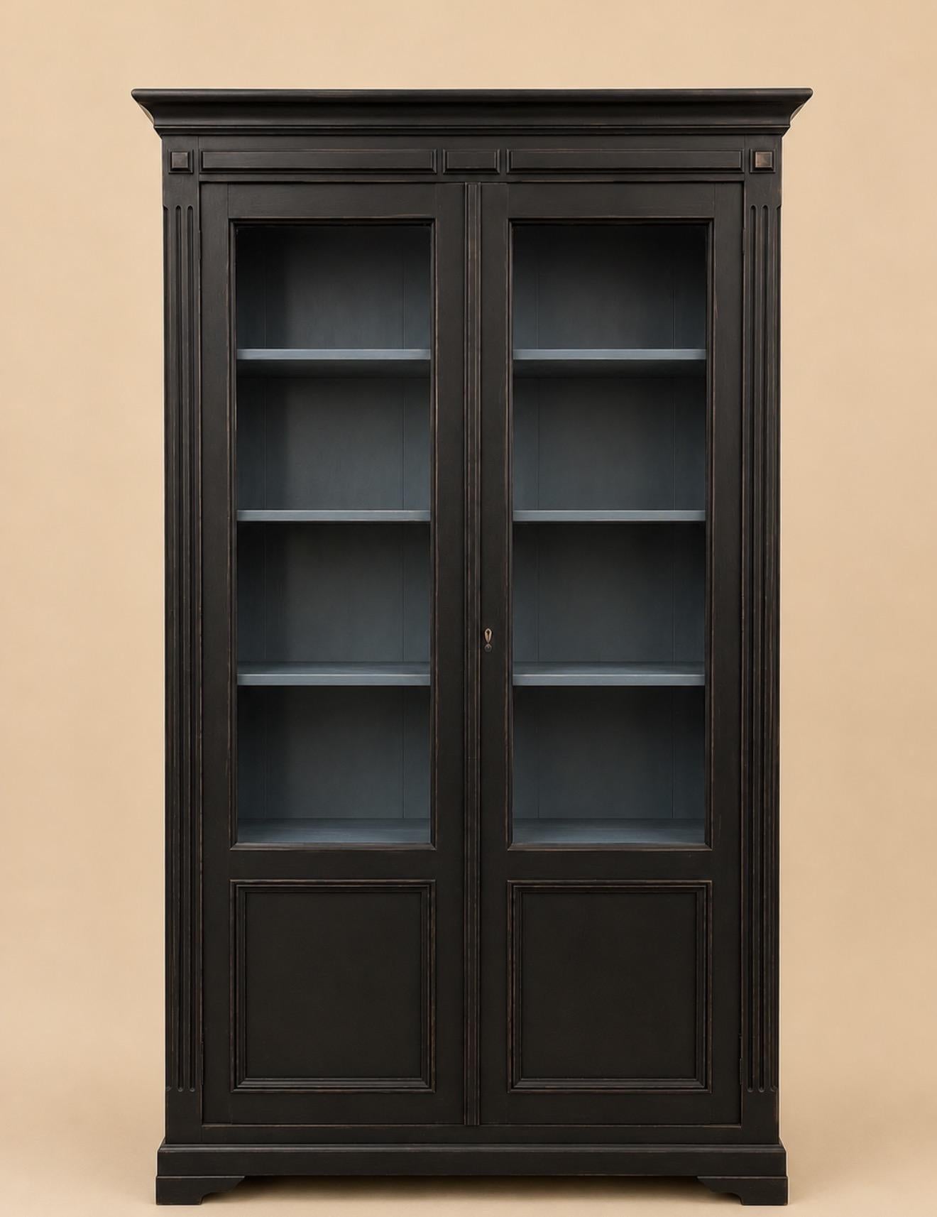 French Antique Black Painted Display Cabinet