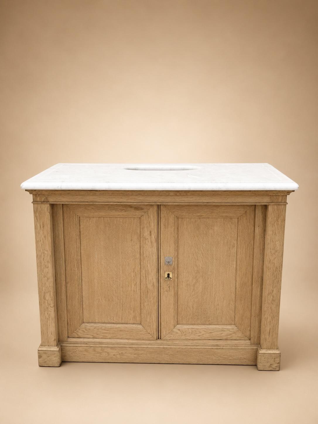French Antique Oak Washtand Cabinet with Marble-Top