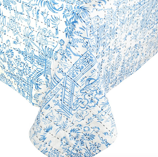 Reversible Kantha Table Cover in Pagoda Toile and Blue Fretwork