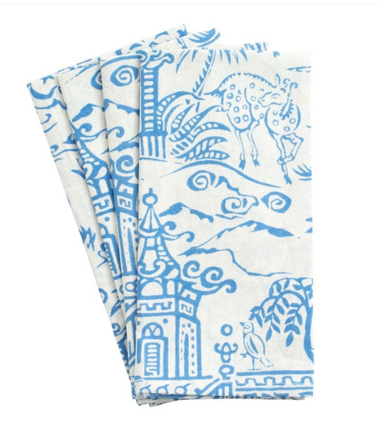 Pagoda Toile Cloth Dinner Napkins in Blue