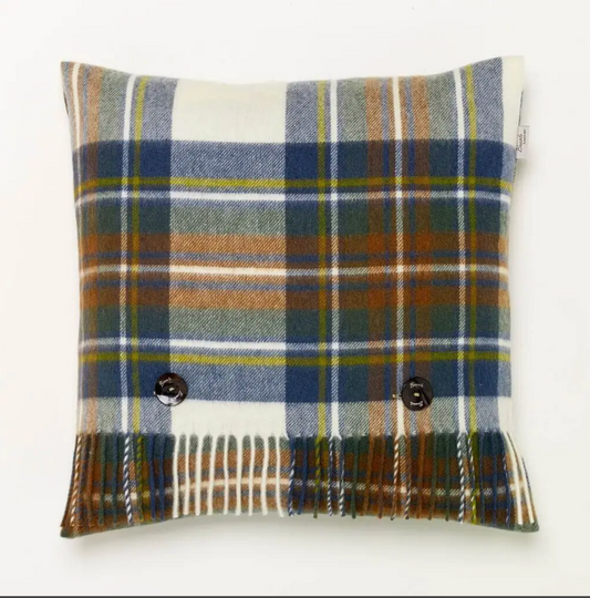 Merino Lambswool Muted Blue Stewart Tartan Plaid Pillow - Made in England