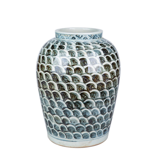 Blue and White Porcelain Jar With Fish Scale Pattern