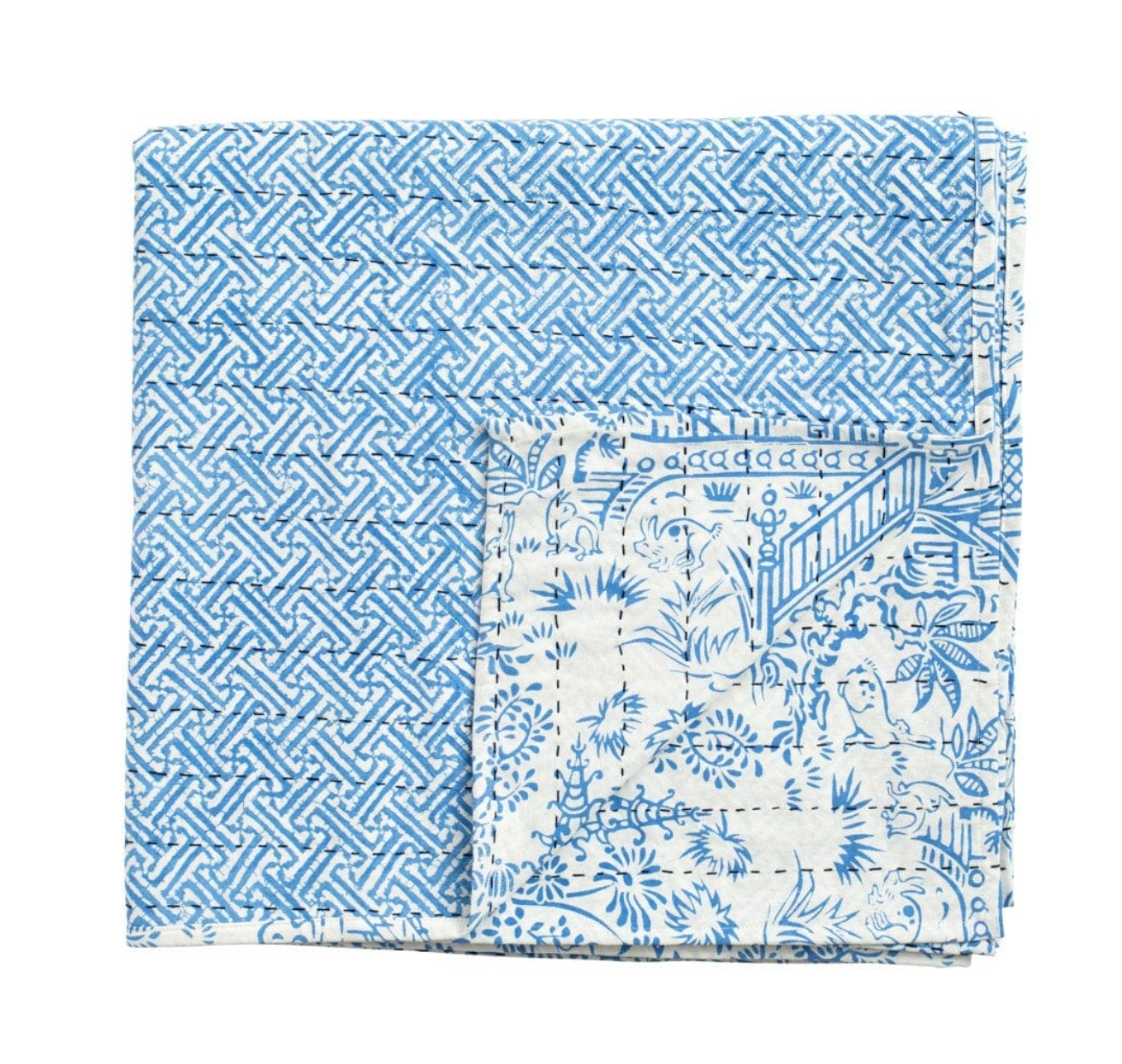 Reversible Kantha Table Cover in Pagoda Toile and Blue Fretwork