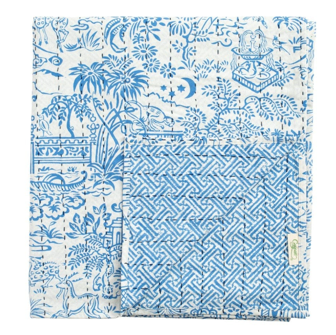 Reversible Kantha Table Cover in Pagoda Toile and Blue Fretwork