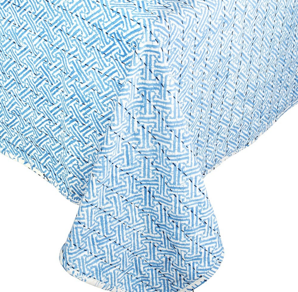 Reversible Kantha Table Cover in Pagoda Toile and Blue Fretwork