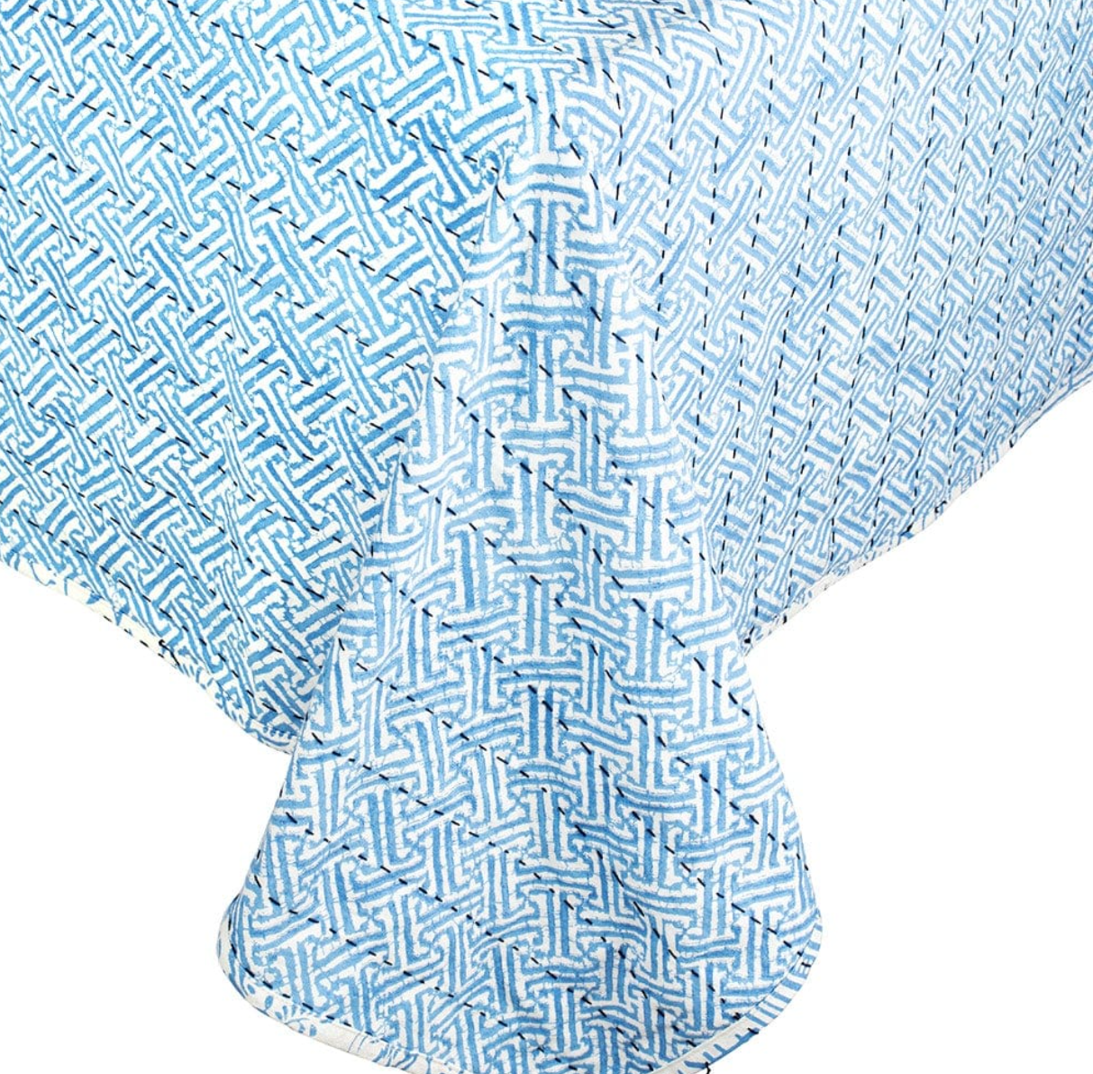Reversible Kantha Table Cover in Pagoda Toile and Blue Fretwork